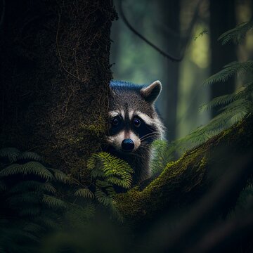 ngle lens.

Title: "Misty Morning Encounter: Adorable Raccoon Peeks from Behind Lush Forest Tree" 

Tags: 