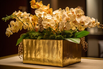 arranjo decorativo luxuoso com orquideas em vaso dourado 
