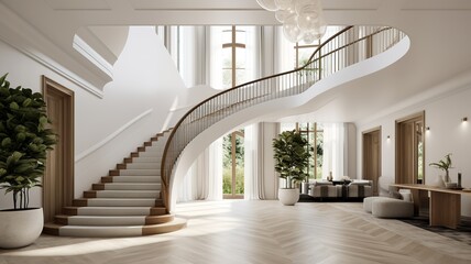 a beautiful staircase in the hall, nice white design