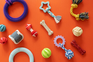 Frame with dogs rubber and textile toys, snacks, bones on orange background. Close up. Accessories for dogs	