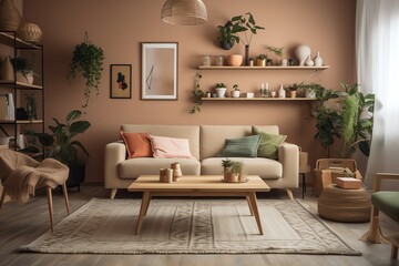 Cozy living room with beige sofa, plants, shelf, rug. Generative AI