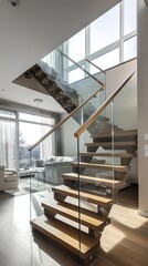 a beautiful staircase in the hall, glass design