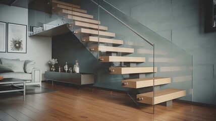 a beautiful staircase in the hall, glass design