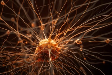 Closeup of firing neurons and neural extensions in the human brain. Generative AI