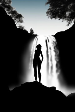silhueta de bela mulher em cachoeira fotografia monocrômatica 