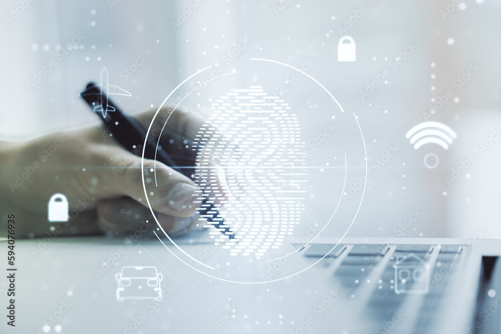 Poster multi exposure of abstract fingerprint scan interface with hand writing in notepad on background wit