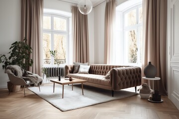 Stylish living room with couch and decor near window. Generative AI