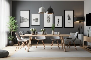 Modern living room with eating table, decor, frame. Generative AI