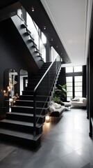 a beautiful staircase in the hall, black design