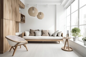 White and wooden living room with sofa. Generative AI