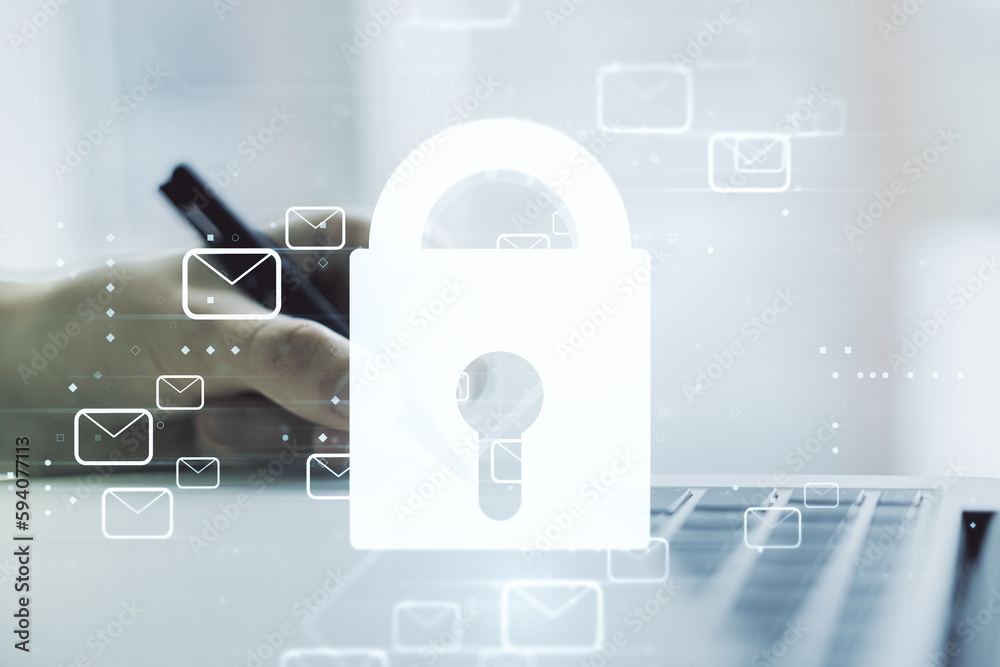 Poster Creative concept with lock symbol and postal envelopes illustration and hand writing in notebook on background with laptop. Protection and firewall concept. Multiexposure