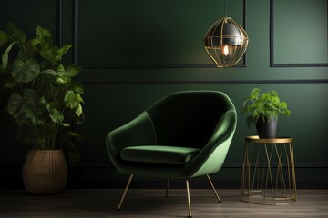 Green armchair in living room with dark green wall. Generative AI