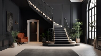 a beautiful staircase in the hall, black design