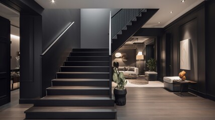 a beautiful staircase in the hall, black design