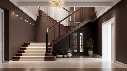 a beautiful staircase in the hall, brown design