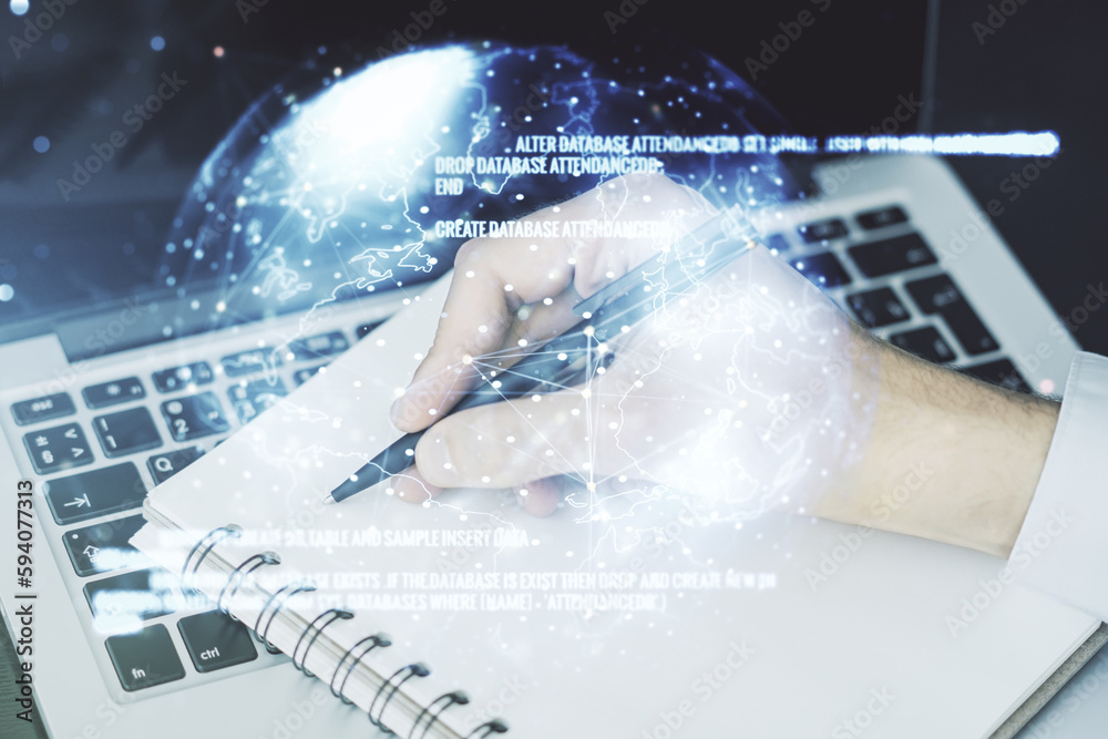 Poster double exposure of abstract programming language with world map and hand writing in notebook on back