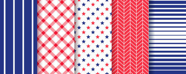 American backgrounds. 4th July seamless pattern. Patriotic prints. Set of Happy independence day textures. USA flag backdrops with stripes and stars. Blue red geometric ornament. Vector illustration.