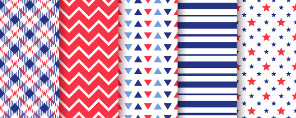 America independence day backgrounds. 4th july seamless pattern. Patriotic textures. American flag prints. Set of blue red geometric backdrops with stars stripes and plaid. Vector illustration. - obrazy, fototapety, plakaty