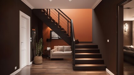 a beautiful staircase in the hall, brown design