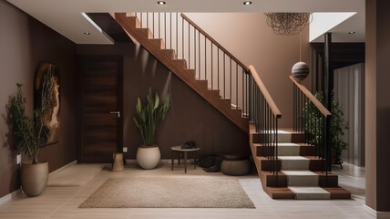 a beautiful staircase in the hall, brown design