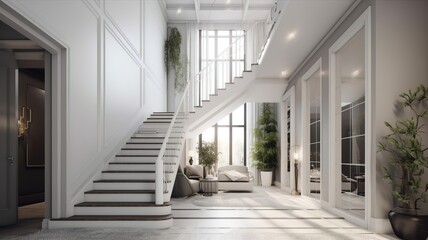 a beautiful staircase in the hall, white design