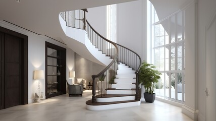 a beautiful staircase in the hall, white design