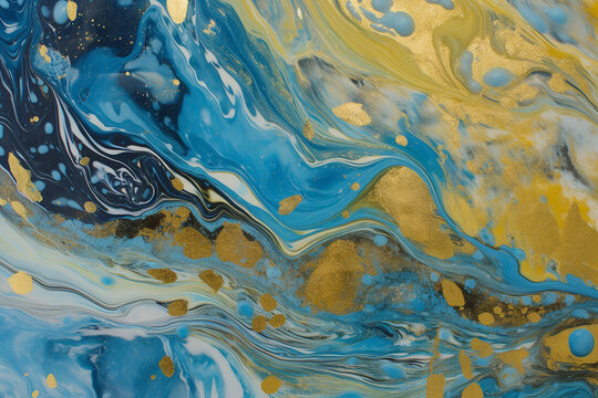 Abstrato de luxo, arte l&iacute;quida. Tinta de &aacute;lcool azul com estrias de tinta dourada, superf&iacute;cie de &aacute;gua, textura de m&aacute;rmore