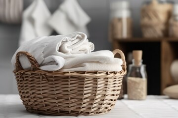 Fototapeta na wymiar Wicker basket with washed dry linen close-up. Washday. Generative AI