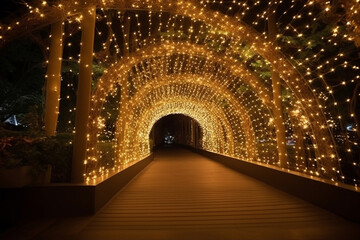 Linha de iluminação pendurada na decoração da curva no túnel de fadas da natureza na noite de natal com bokeh entre o caminho do terraço - obrazy, fototapety, plakaty