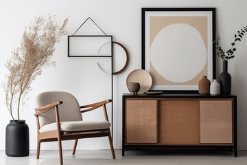 Interior elegante da sala de estar com moldura de pôster mock up, cômoda, livro, folha em vaso de cerâmica e acessórios pessoais elegantes