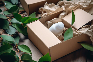 Caixas de papelão de materiais recicláveis ​​naturais com folhas verdes brotam vista superior. Responsável