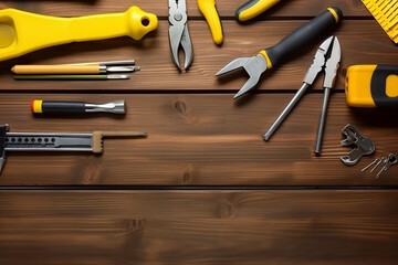 Vista superior de vários kits de ferramentas domésticas amarelas para bricolage. colocar na mesa de madeira - obrazy, fototapety, plakaty