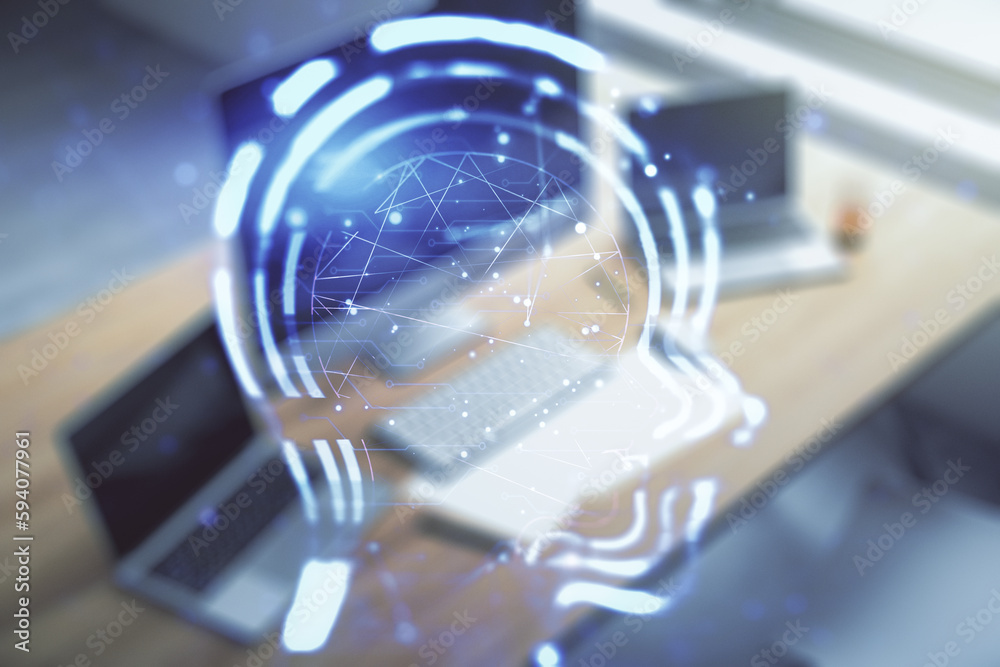 Aufkleber creative artificial intelligence concept with human head hologram and modern desktop with computer o