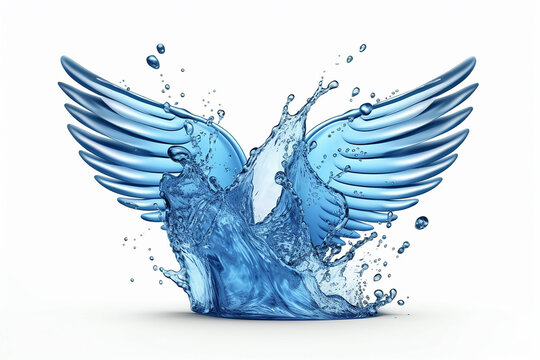 Respingos de água ou motor em forma de asas, soro líquido cosmético isolado no fundo branco, ilustração 3d com traçado de recorte
