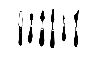 Vector set of palette knives of different types. Black on a white background. Tools for creativity, goods for artists, oil painting, creativity. Minimalism, hand drawing, doodle, sketch. Eps10