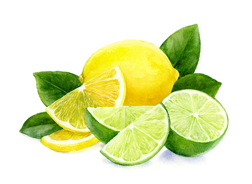 Watercolor painting of lemon and lime composition isolated on white background, closeup, botanical illustration.