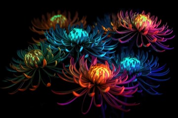 neon glowing flowers in colors on a black background. Bright abstract background perfect for any design. Generative AI