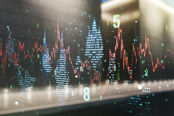 Double exposure of virtual creative financial diagram on contemporary business center exterior background, banking and accounting concept