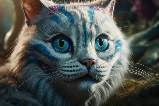Alice in Wonderland. Cheshire cat white rabbit, Alice in blue dress drink tea. Alice through the Looking Glass. Generative AI. 