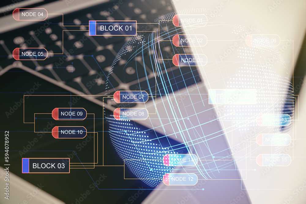 Poster abstract creative coding concept with world map on modern laptop background. multiexposure