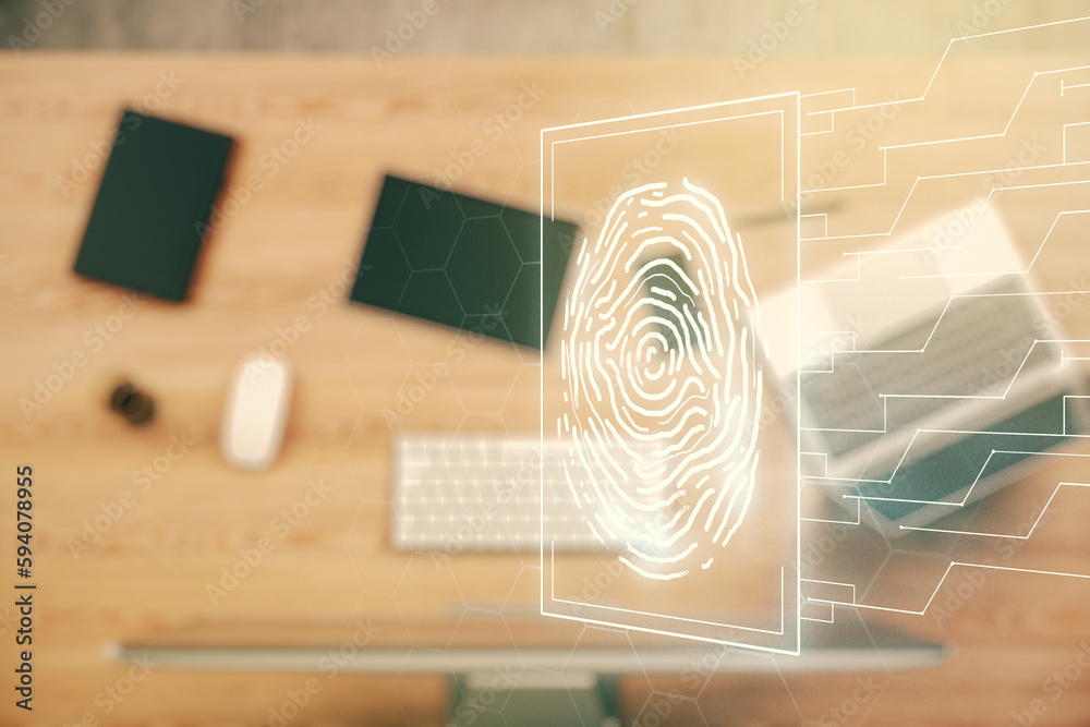 Aufkleber Multi exposure of abstract fingerprint scan interface on computer background, digital access concept