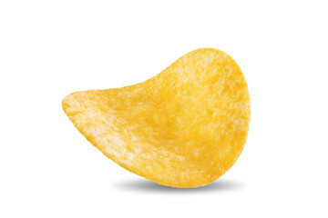 Yellow potato chips with salt and spices on a white isolated background