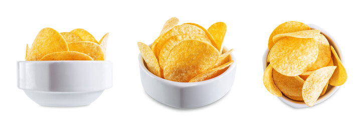 Yellow potato chips with salt and spices on a white isolated background