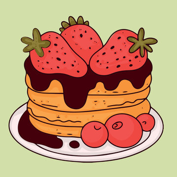 Pancakes. Illustration of dessert with berries. Delicious breakfast