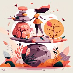 Girl on rock swinging, Generative AI