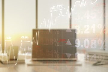 Abstract creative financial graph on modern laptop background, financial and trading concept. Multiexposure