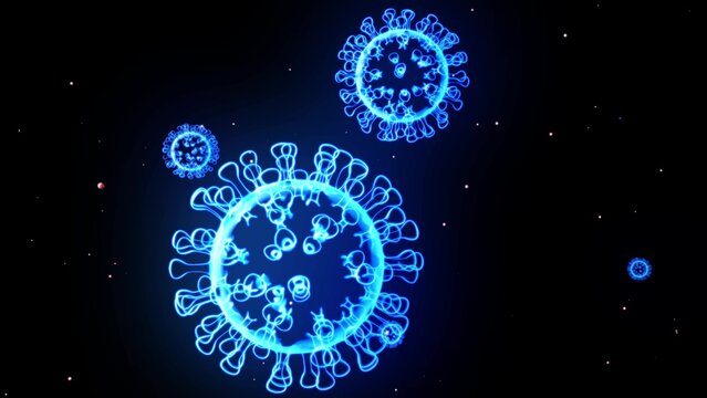 blue glowing holographic image of coronavirus like covid-19 virus or influenza virus flies in air or isolated on black background. 3D rendering for informational presentation.
