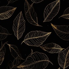 gold leaves drawn outline on black background.print for packaging or wallpaper. Generative AI