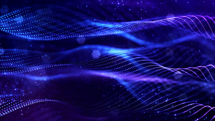 3d render. Abstract sci-fi bg with glow particles form curved lines, surfaces, hologram structures or virtual digital space. Deep blue motion design background of microworld or cosmic space. Strings