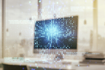 Creative code skull hologram on modern computer background, cybercrime and hacking concept. Multiexposure